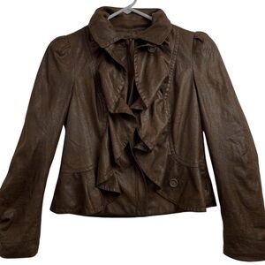 INC Women's Faux Leather Jacket L Ruffled Front Brown Short Coat Size Large
